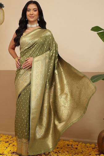 Olive woven art silk traditional saree with blouse piece
