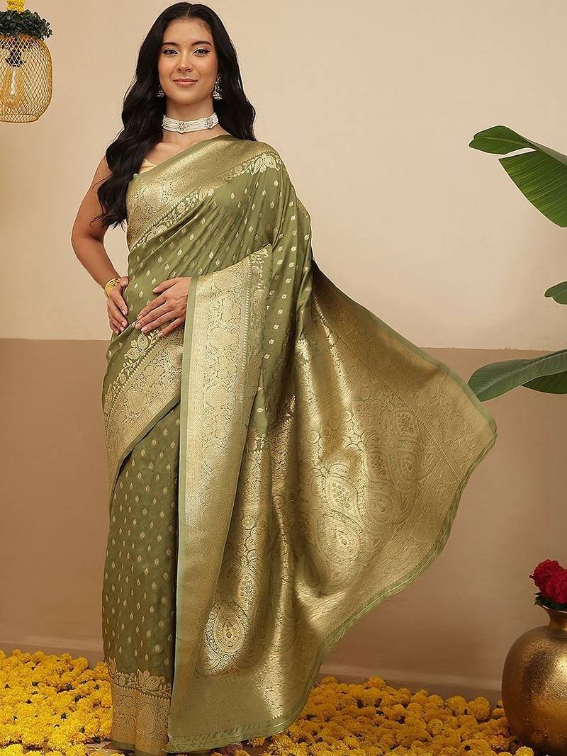 Olive woven art silk traditional saree with blouse piece