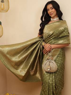Olive woven art silk traditional saree with blouse piece 2