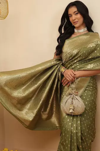 Olive woven art silk traditional saree with blouse piece
