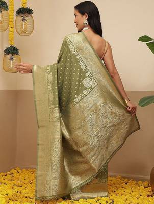 Olive woven art silk traditional saree with blouse piece 3