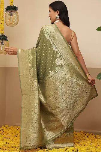 Olive woven art silk traditional saree with blouse piece