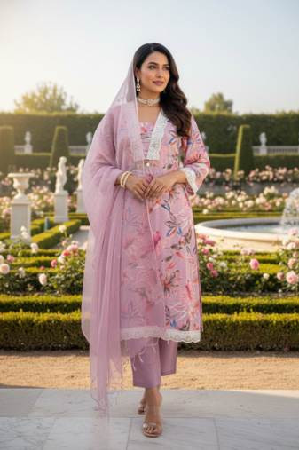 Schiffli Printed suit with crochet lace detailing comes with Kota Doria Dupatta and Cotton Palazzos Set of 3