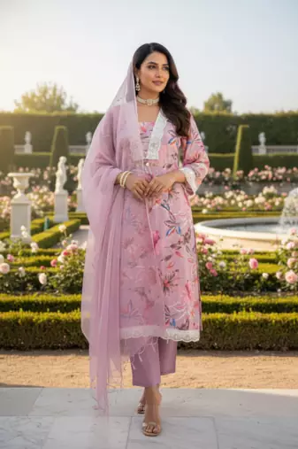 Schiffli Printed suit with crochet lace detailing comes with Kota Doria Dupatta and Cotton Palazzos Set of 3