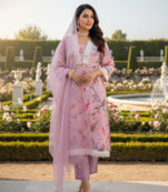 Schiffli Printed suit with crochet lace detailing comes with Kota Doria Dupatta and Cotton Palazzos Set of 3