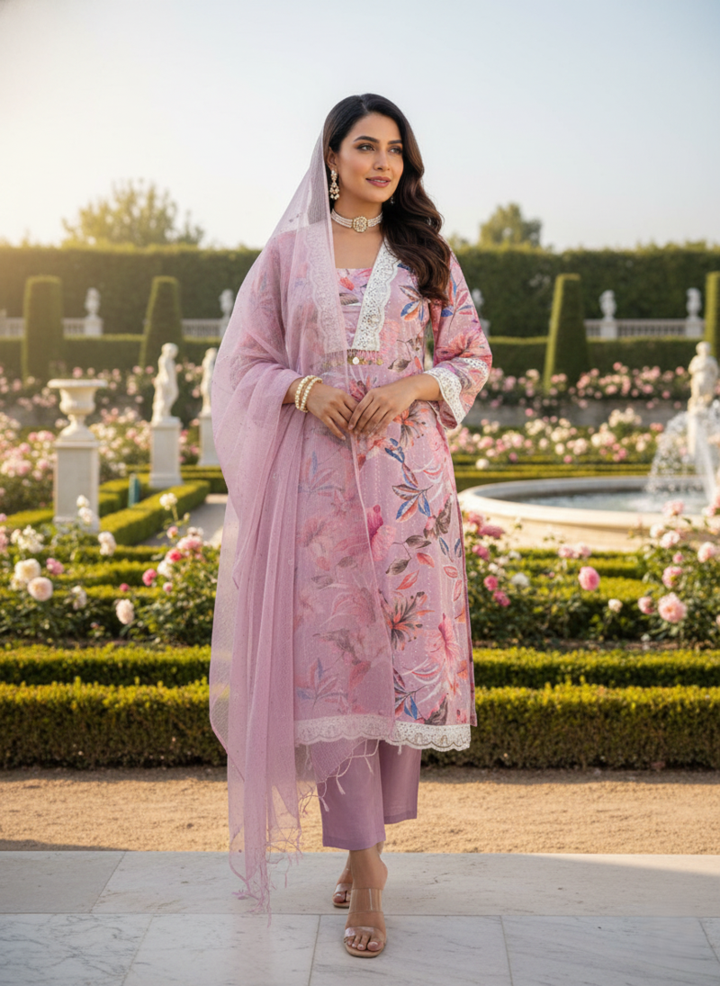 Schiffli Printed suit with crochet lace detailing comes with Kota Doria Dupatta and Cotton Palazzos Set of 3