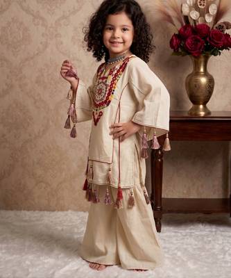 cream pure khadi cottan ethnic wear set with embroidery sequence work with real mirror work - designer party wear 2