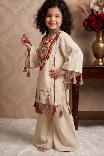 cream pure khadi cottan ethnic wear set with embroidery sequence work with real mirror work - designer party wear