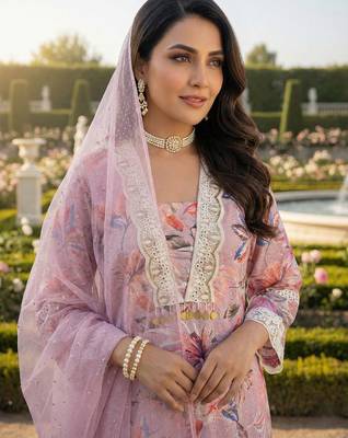 Schiffli Printed suit with crochet lace detailing comes with Kota Doria Dupatta and Cotton Palazzos Set of 3 2