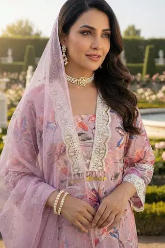 Schiffli Printed suit with crochet lace detailing comes with Kota Doria Dupatta and Cotton Palazzos Set of 3