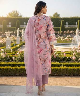 Schiffli Printed suit with crochet lace detailing comes with Kota Doria Dupatta and Cotton Palazzos Set of 3 3