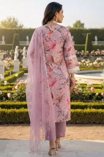 Schiffli Printed suit with crochet lace detailing comes with Kota Doria Dupatta and Cotton Palazzos Set of 3