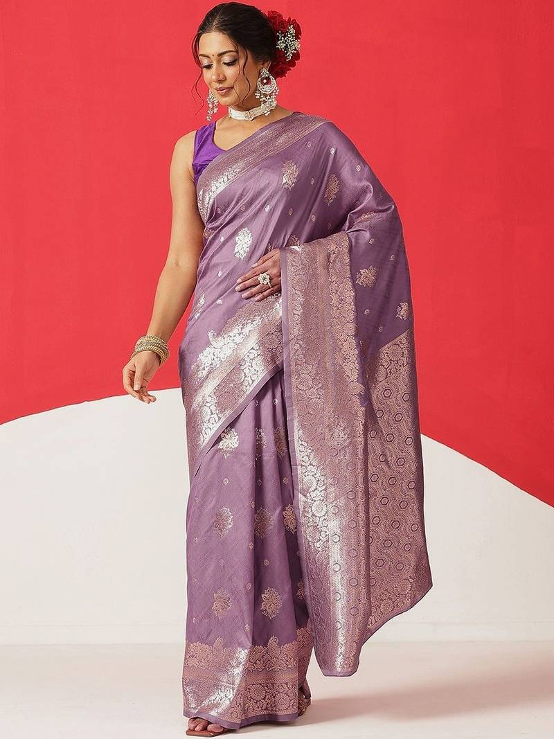 Purple woven art silk traditional saree with blouse piece