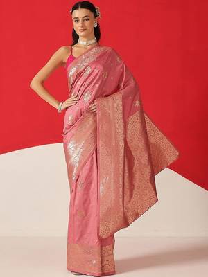Pink woven art silk traditional saree with blouse piece 1