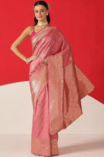 Pink woven art silk traditional saree with blouse piece