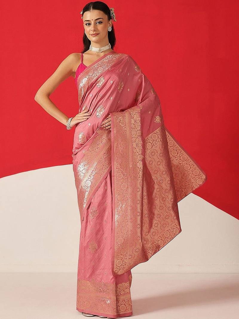 Pink woven art silk traditional saree with blouse piece