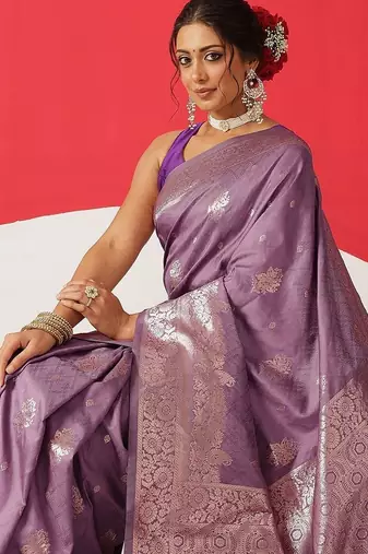 Purple woven art silk traditional saree with blouse piece