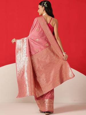 Pink woven art silk traditional saree with blouse piece 2