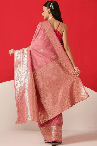Pink woven art silk traditional saree with blouse piece