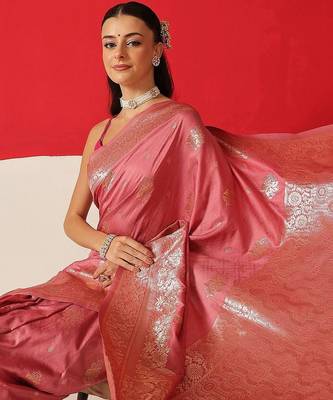 Pink woven art silk traditional saree with blouse piece 3