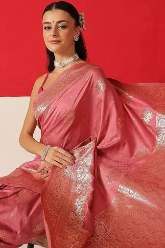 Pink woven art silk traditional saree with blouse piece