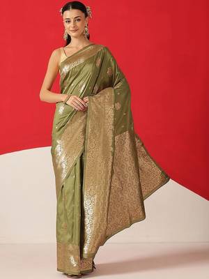 Olive woven art silk traditional saree with blouse piece 1