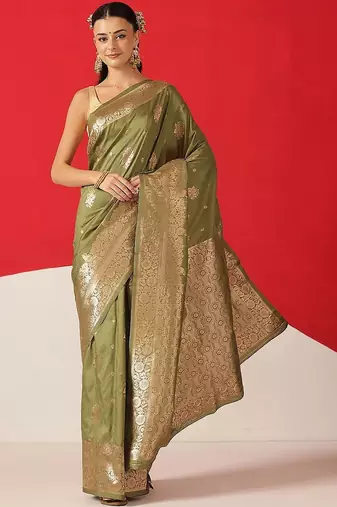 Olive woven art silk traditional saree with blouse piece