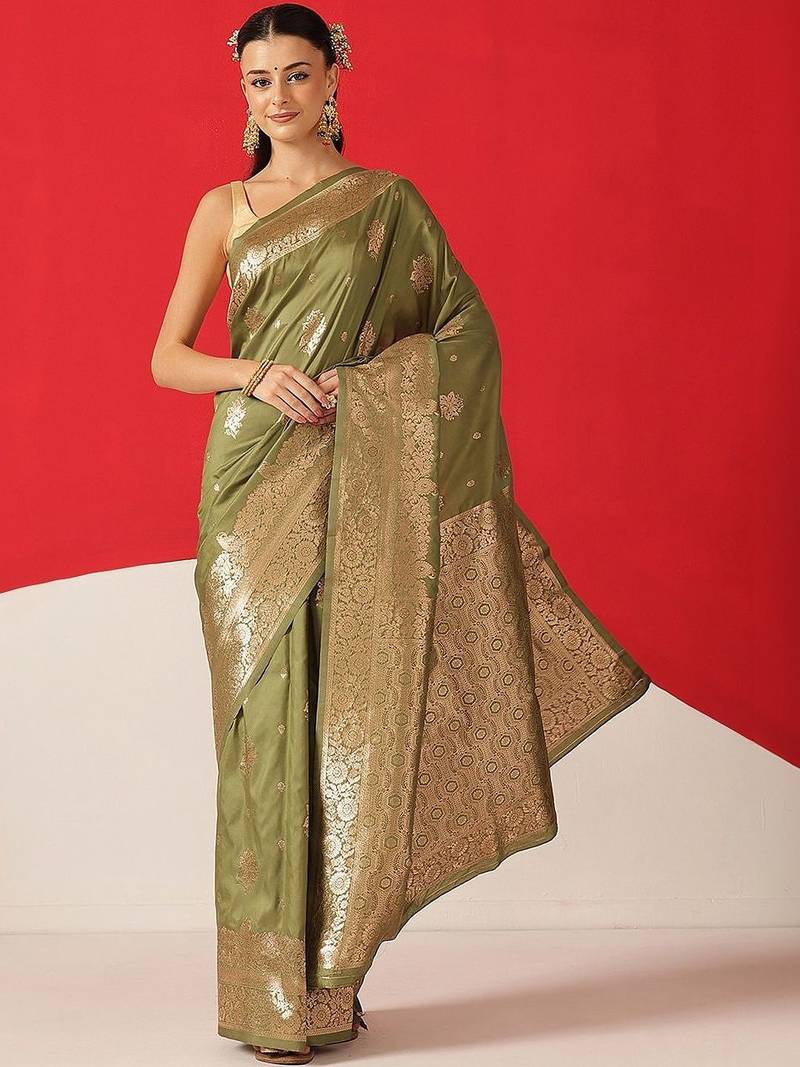 Olive woven art silk traditional saree with blouse piece