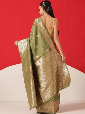Olive woven art silk traditional saree with blouse piece 2