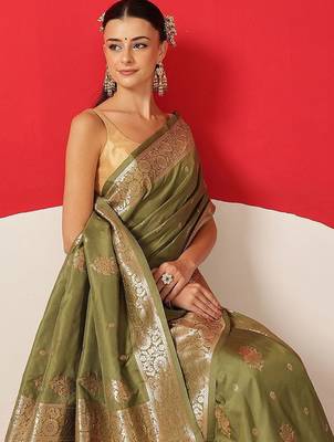 Olive woven art silk traditional saree with blouse piece 3