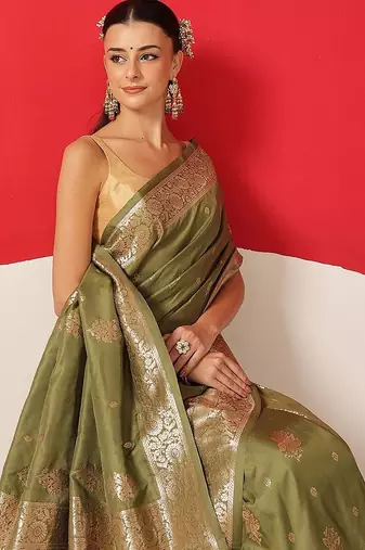 Olive woven art silk traditional saree with blouse piece