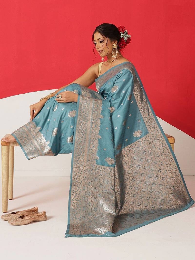 Teal woven art silk traditional saree with blouse piece