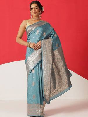 Teal woven art silk traditional saree with blouse piece 2