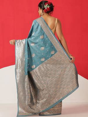 Teal woven art silk traditional saree with blouse piece 3