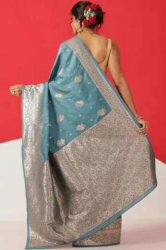 Teal woven art silk traditional saree with blouse piece