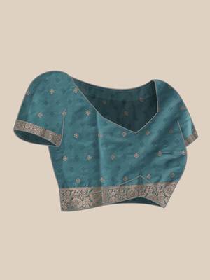 Teal woven art silk traditional saree with blouse piece 4
