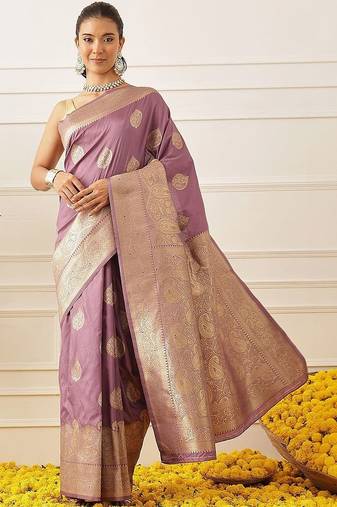 Lavender woven art silk traditional saree with blouse piece