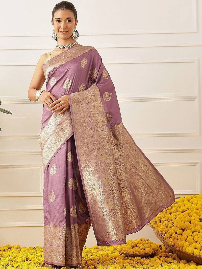 Lavender woven art silk traditional saree with blouse piece