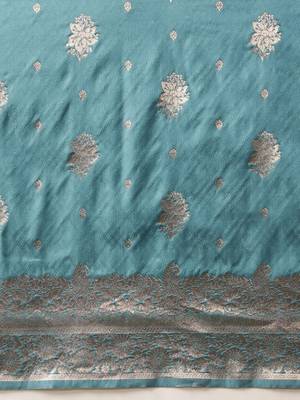 Teal woven art silk traditional saree with blouse piece 5