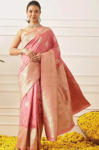 Pink woven art silk traditional saree with blouse piece