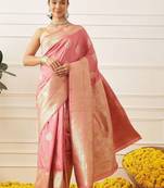 Pink woven art silk traditional saree with blouse piece