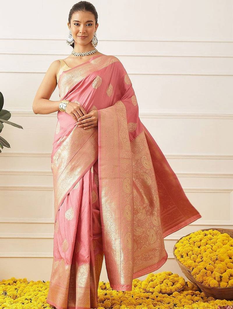 Pink woven art silk traditional saree with blouse piece