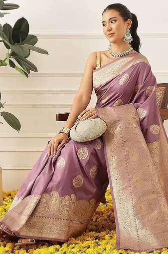 Lavender woven art silk traditional saree with blouse piece