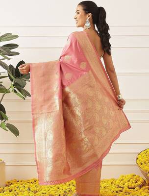 Pink woven art silk traditional saree with blouse piece 2