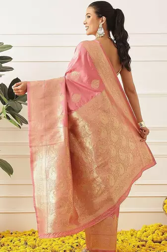 Pink woven art silk traditional saree with blouse piece