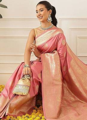 Pink woven art silk traditional saree with blouse piece 3
