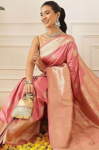 Pink woven art silk traditional saree with blouse piece