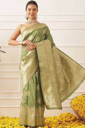 Olive woven art silk traditional saree with blouse piece