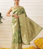 Olive woven art silk traditional saree with blouse piece