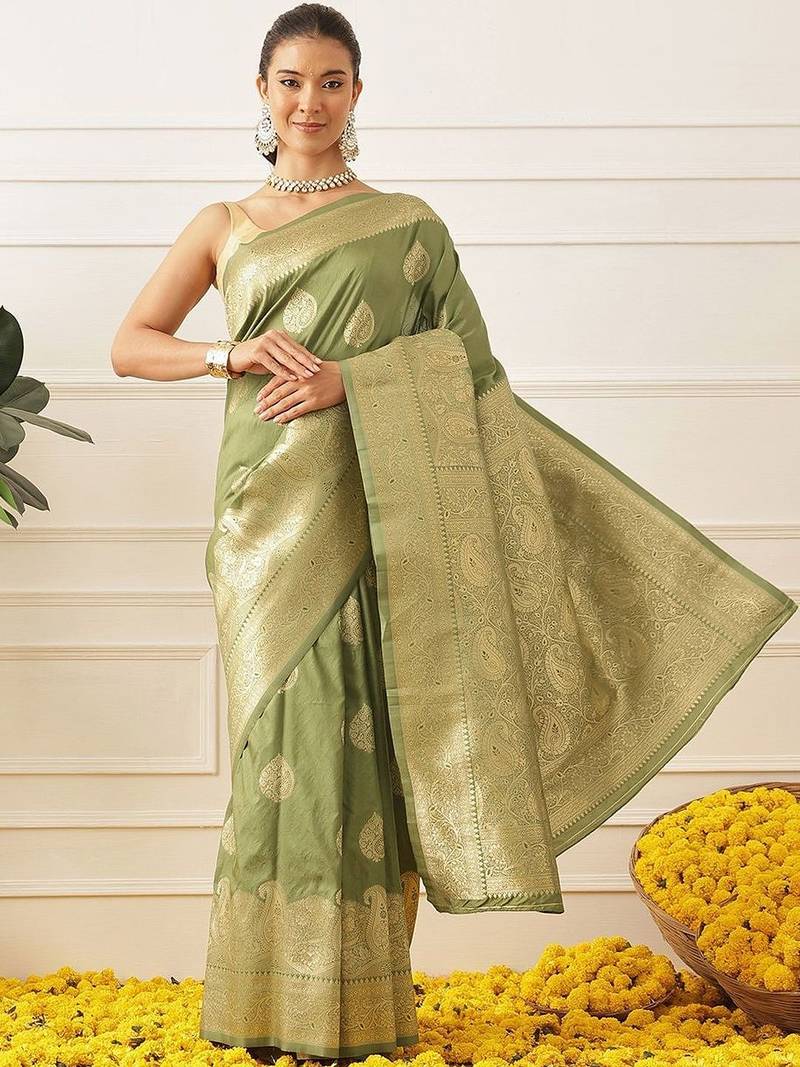 Olive woven art silk traditional saree with blouse piece